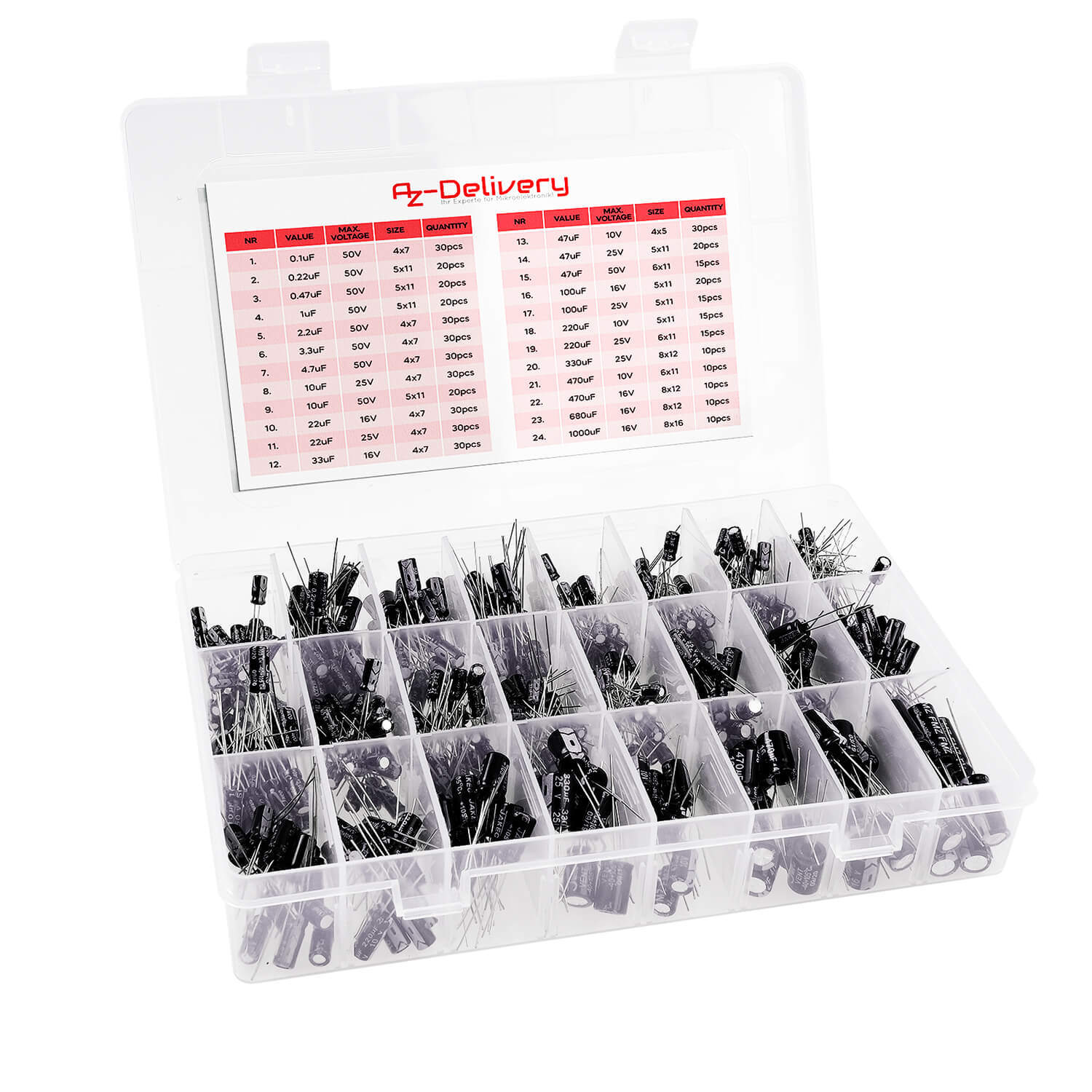 ElKo Sortiment Elektrolytkondensator Aluminium 24 Varianten, 500 Stück 0.1uF – 1000uF mit Aufbewahrungsbox kompatibel mit Arduino - Image 2